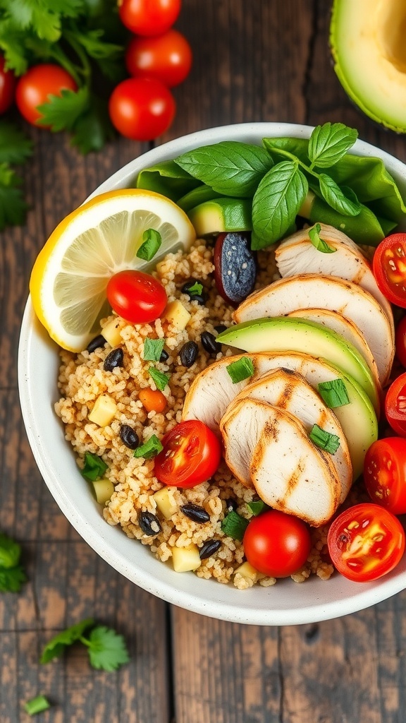 A colorful quinoa chicken bowl with grilled chicken, cherry tomatoes, cucumber, and avocado, garnished with herbs and lemon.